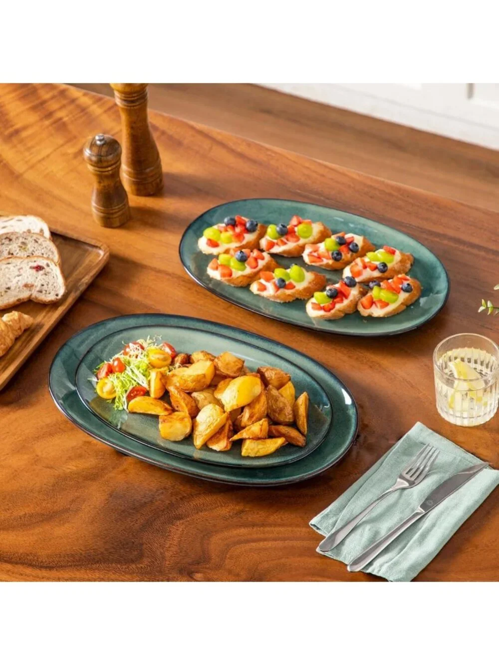 Ceramic Serving Platters Set of 3 - Oval Stoneware Dishes for Entertaining